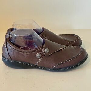 Clarks Women's 10 Ashland Lane Slip-On Leather Clogs Shoes Bendables Brown EUC